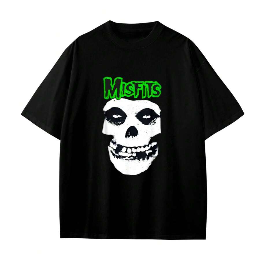 Lightweight Misfits Green Skull Logo Men' S T- Shirt - Casual Cotton Crew Neck, Machine Washable, Ideal For Fans & Gifts Edgy Style With Knitted Texture Short Sleeve, Black With White Graphic PrinClassic Pure Cotton Basic T- Shirt - 黑色 - 查看 1