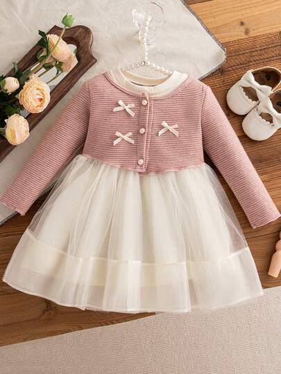 Baby Girls' Elegant Long Sleeve Mesh Patchwork Princess Dress, Butterfly Decor, Suitable For Birthday Party, Spring/Autumn
