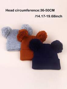 3pcs Baby Kids Knitted Double Pom-Pom Earflap Beanie Hats, Thin Warm Solid Color Versatile Knit Caps For Spring Autumn Winter - 彩色 - 查看 2
