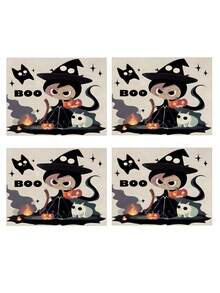 1 pieza/4 piezas/6 piezas/48 piezas Manteles individuales con estampado de bruja, manteles individuales de Halloween, decoración de otoño y Halloween para el hogar, estilo moderno, material similar al lino, decoración de interiores y exteriores para fiestas de Halloween, decoración con tema de Halloween, decoración de habitaciones. Adecuado para la decoración de la cocina del hogar y la decoración de fiestas de Halloween.