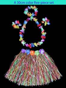 Conjunto de 5 piezas de disfraz de falda de hierba con corona de flores hawaianas, traje para celebración de festival, actuación en el escenario, evento escolar, ensayo de baile en grupo grande (cintura ajustable) Halloween