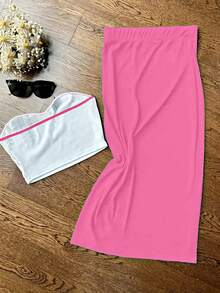 Summer Sexy Fitted Cold-Shoulder Strapless Top Paired With Bodycon Skirt Set, Knit Fabric 180G