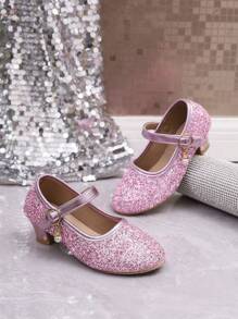 Neue Mädchen Mode Glitzer Dünne High Heel Schuhe, Tanzschuhe für ältere Kinder, Rundkopf Flache Schnallen Prinzessin Schuhe