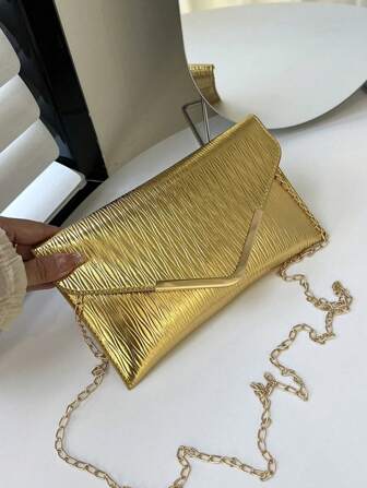 纯色纹理金属饰边单肩包，翻盖链条信封斜挎包，钱包，手机袋，适合约会/正式场合，闪亮