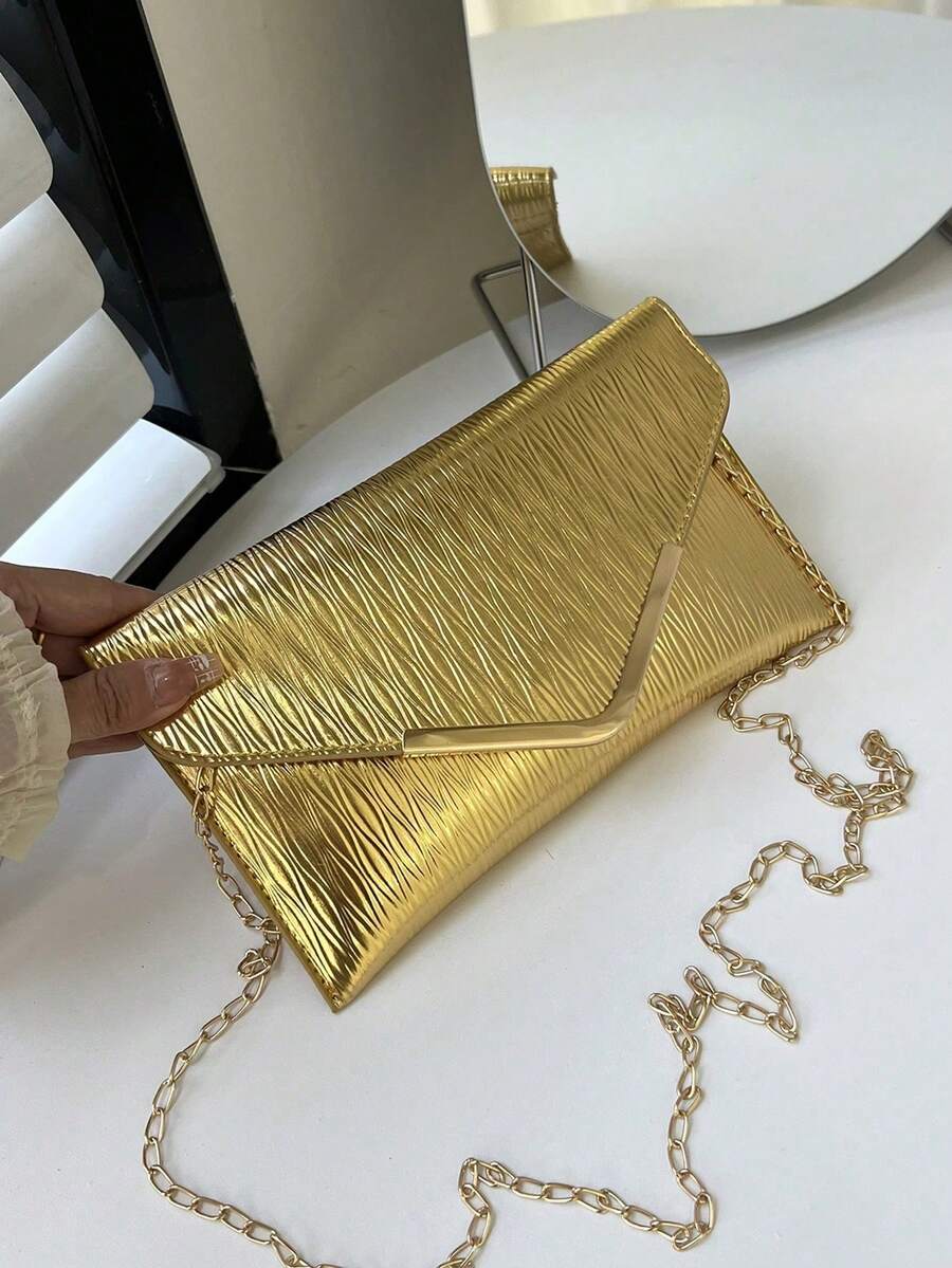 纯色纹理金属饰边单肩包,翻盖链条信封斜挎包,钱包,手机袋,适合约会/正式场合,闪亮 - 金色 - 查看 1