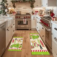 1/2pcs Winter Wonderland Christmas Doormat Set, Lightweight, Non-Slip, Washable, Made Of Synthetic Fiber With Rubber Backing, Christmas Decor Floor Mat With Green Border And Snowflake Pattern, Suitable For Living Room, Kitchen, Bathroom, Dining Room, Study