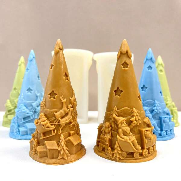 Novo molde grande de silicone com Papai Noel e árvore de Natal em relevo 3D, molde para presente de Natal faça você mesmo, adequado para resina epóxi, vela perfumada, gesso, cimento, argila de polímero e outros materiais para fazer decoração de casa de Natal, molde de silicone feito à mão, molde para fazer velas de resina, materiais de artesanato, molde 3D