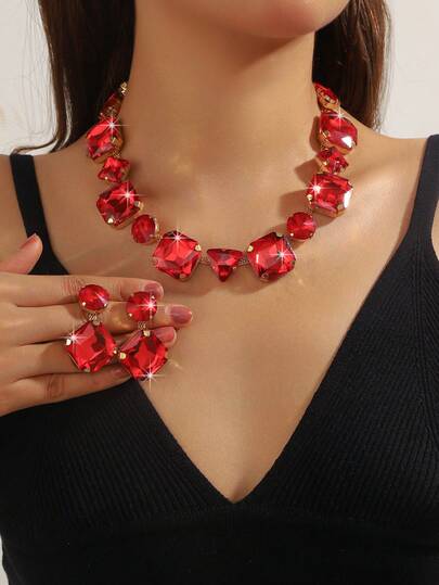3pcs Luxury Rhinestone Geometric Gemstone Necklace & Earrings Jewelry Set, Suitable For Women's Daily Commute, Campus Dating, Wedding Party, Valentine's Day Holiday Gift