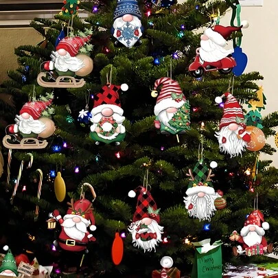 12 件复古小矮人装饰品 - 带有圣诞老人图案的木制圣诞树挂件，节日派对装饰品