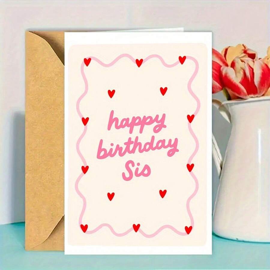 1张趣味粉色波浪心形生日贺卡，附信封，专为姐姐设计。贺卡印有“姐姐，生日快乐”的图案，并点缀着红色心形装饰，是一份完美的生日礼物。适合生日祝福、早日康复、新年问候或好运祝福。 - 彩色 - 查看 1