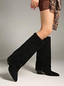 秋冬卡其色阔腿裤女筒靴，2024年夏季新品，尖头直筒高筒靴，西部牛仔靴，及膝靴 - 黑色 - 查看 3