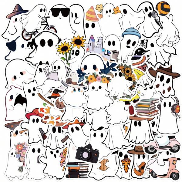 50Pcs Halloween Ghost Theme Stickers, Cute Ghost Decorative Stickers For Parties, Suitable For Children, Teens, And Adults, Ideal For Water Bottles, Laptops, And Cups