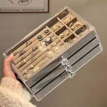 1 Pieza Joyero De Acrilico De Tres Capas Con Felpa, Organizador De Joyas Tipo Cajón, Caja De Almacenamiento Para Collares, Aretes Y Anillos, Regalo Para Mujeres Y Niñas - 灰色 - 查看 11
