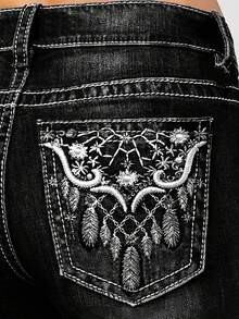 Women's Large-Size High-Waisted Stretch Denim Jeans With Faded Water-Washed Blue Feathers And Embroidered Netting On The Back Pocket, Featuring A Retro Bell-Shaped Design. Comfortable And Elegant, Suitable For All Occasions. Large-Size Women's Denim Pants. - 黑色 - 查看 1