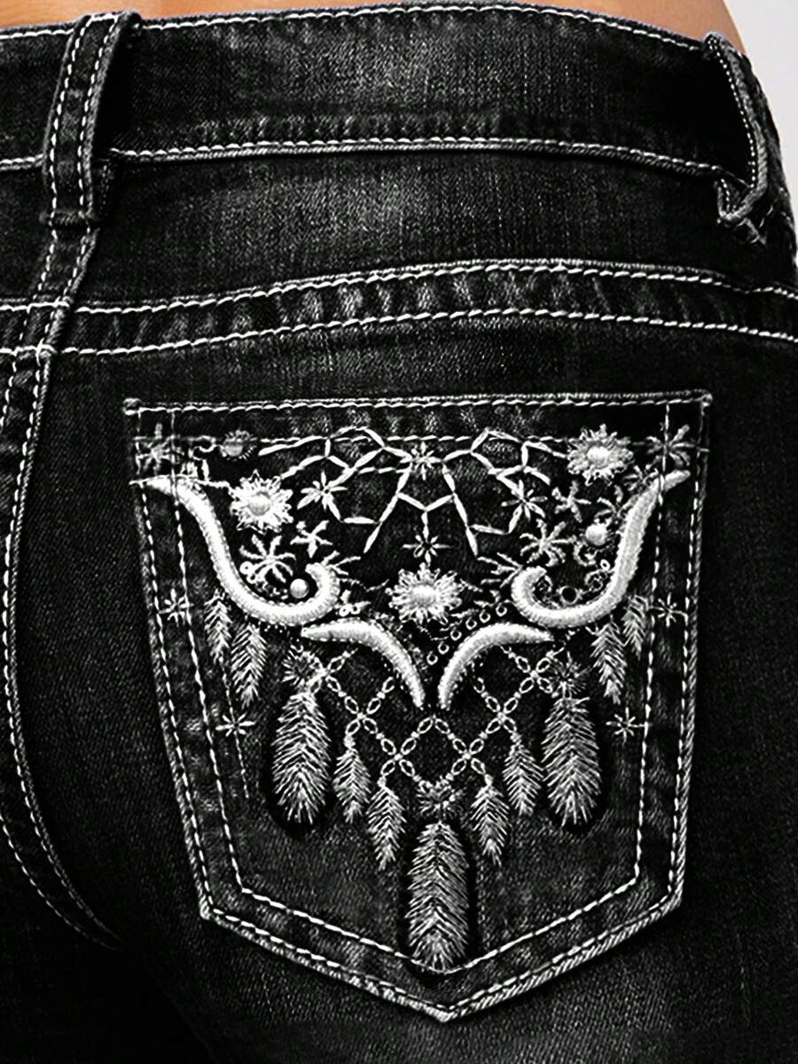 Women's Large-Size High-Waisted Stretch Denim Jeans With Faded Water-Washed Blue Feathers And Embroidered Netting On The Back Pocket, Featuring A Retro Bell-Shaped Design. Comfortable And Elegant, Suitable For All Occasions. Large-Size Women's Denim Pants. - 黑色 - 查看 1
