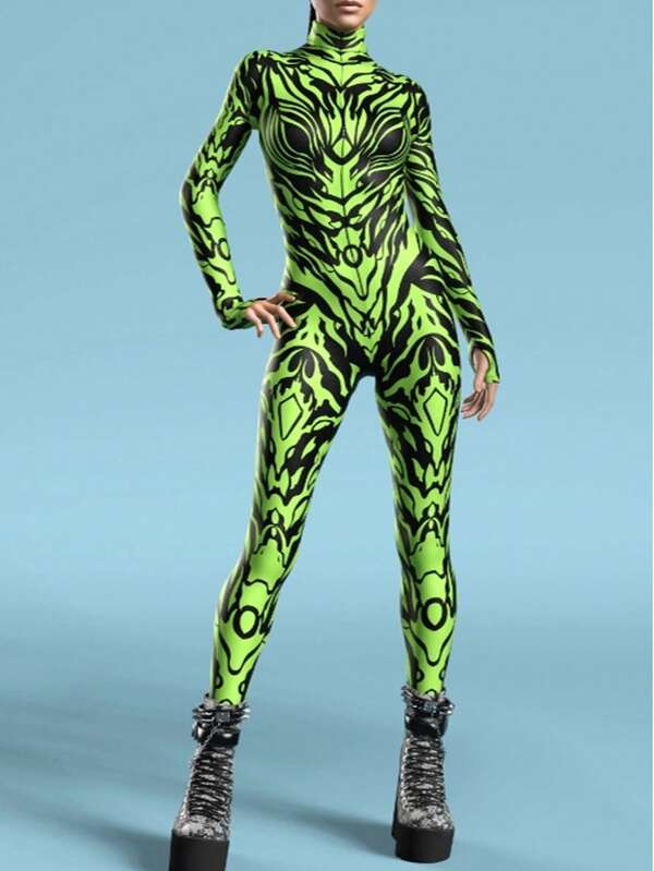 Combinaison sexy pour femmes, ajustée, pour performances, sports, yoga, vacances, imprimé intégral, costume d'Halloween, en tricot imprimé sur tout le vêtement, avec fermeture éclair. Vêtements pour femmes, pour vacances, fête d'anniversaire, rentrée des classes, fête des célibataires, scène et concert, tenue d'Halloween