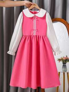 1pc Girls' 2 In 1 Dress, Peter Pan Collar, Floral Lace Trim, White Back Panel With Hidden Zipper, Long Bell Sleeves, Bow Decor, Pink Sweet Fitted Dress, Suitable For Early Autumn - Pink - View 1