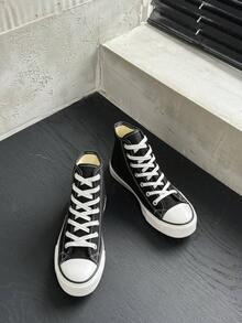 OPOEE 黑色帆布鞋 女鞋 小白鞋 中帮运动鞋 男鞋 帆布鞋 春秋款 韩版 简约时尚 高帮休闲系带运动鞋 经典中帮帆布鞋 百搭休闲滑板鞋 - 黑色 - 查看 1