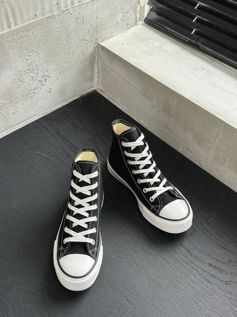 OPOEE 黑色帆布鞋 女鞋 小白鞋 中帮运动鞋 男鞋 帆布鞋 春秋款 韩版 简约时尚 高帮休闲系带运动鞋 经典中帮帆布鞋 百搭休闲滑板鞋 - 黑色 - 查看 1