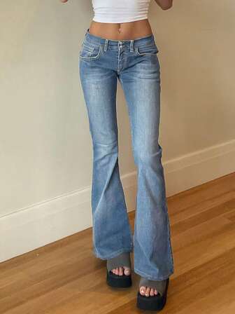 女式百搭口袋喇叭休闲紧身牛仔裤