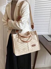 Bolso de mano plegable de pana a rayas, de gran capacidad - Caqui - Ver 9