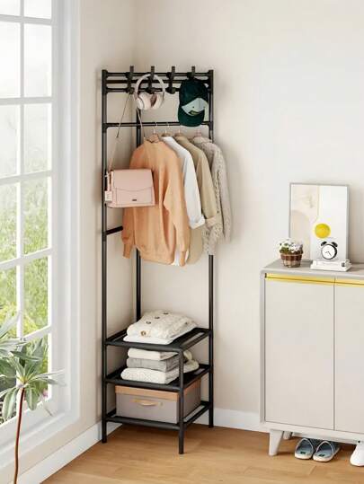 A Space-Saving 3C Corner Rack (With 2/3-Layer Storage Rack) - Multi-Layer Metal Corner Rack With Hooks - Space-Saving Floor Storage Rack For Clothes, Bags, Scarves And Slippers - Modern Design With Black Finish, Entryway Furniture | Stylish Design | Sturdy Construction, Clothes Storage, Practical Rack