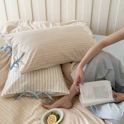 1 Vỏ gối nơ phong cách Hàn Quốc, thiết kế thoải mái màu be/kaki/hồng, họa tiết sọc có nơ, thích hợp cho phòng khách, phòng ngủ, ký túc xá, có thể giặt bằng máy (không bao gồm ruột gối)