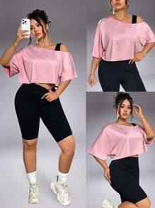 1 件女士加大码不对称肩纯色休闲运动短款上衣，百搭