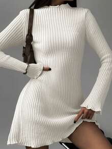 Women's New Style Mock Neck Long Sleeve Flared A-Line Hem Ribbed Slim Fit Elegant Sexy Fashionable Work Mini Knit Sweater Dress, Fall And Winter - 米色 - 查看 3