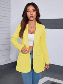 A&DD MODA, REF: 4043 - Women's Tailored Blazer, Maxi Long, Puff Sleeves, Classic Lapel Collar, Fitted And Elegant, Modern Formal Blazer, Sophisticated Piece, Slim Fit Design, Front Buttons, Chic And Casual Look, Ideal For Events And Work, Fashionable Women's Suit, Haute Couture - 黃色 - 查看 4