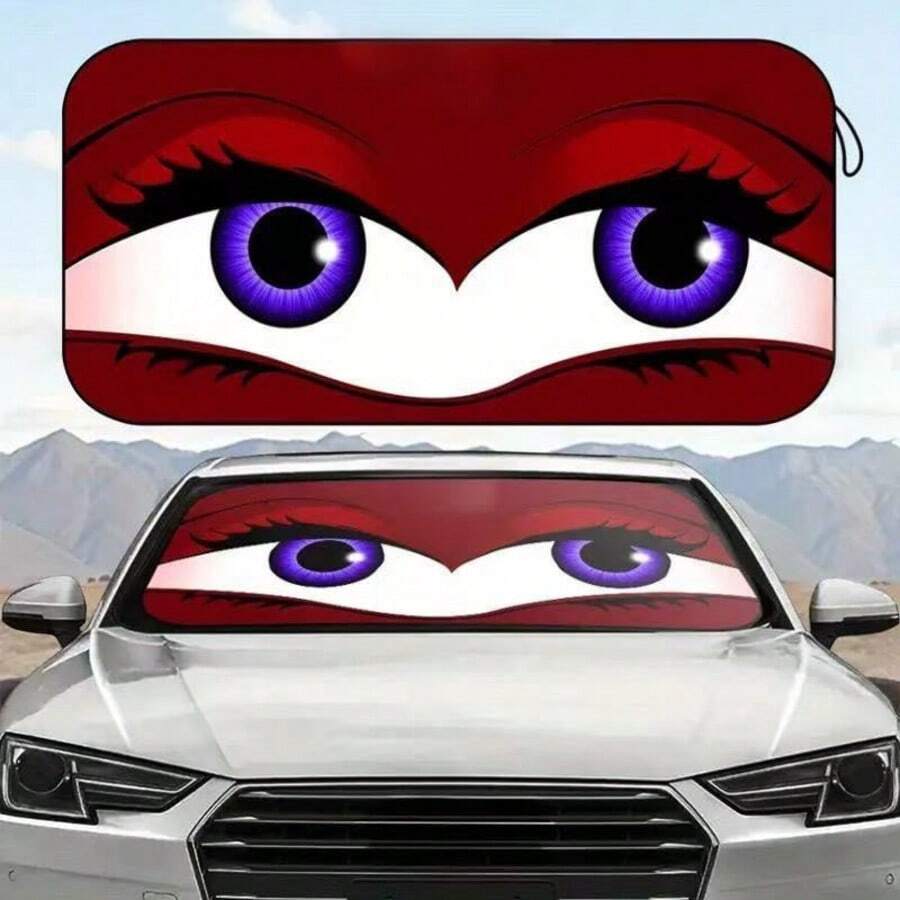 Red Wood Color Cute Big Eyes Car Sun Visor, UV-Resistant, Heat-Resistant, Easy To Install, Suitable For Most Cars, Polyester Fiber Car Interior Accessory, Car Windshield Sunshade With UV Protection, Heat Insulation And Bubble Material