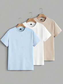 Kit Of 3 Men's Plain T-Shirts Casual Shirt 100% Cotton Versatile Comfortable Sports Unisex Blouse - 淺藍色 - 查看 1