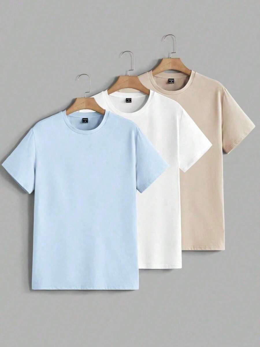 Kit Of 3 Men's Plain T-Shirts Casual Shirt 100% Cotton Versatile Comfortable Sports Unisex Blouse - 淺藍色 - 查看 1