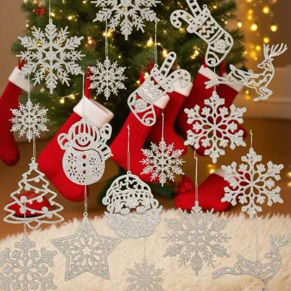 42pcs Sparkling Silver Glitter Snowflake Ornaments - Ideal For Christmas & Holiday Decor, Birthday Party Supplies, Room Embellishments, And Festive Home Accents, Party Decor Accessories|Intricate Snowflake Design|Detailed Craftsmanship, Holiday Decorations Home Decor Christmas Decorations Room Decor
