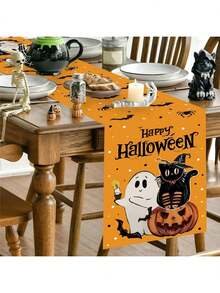 1/270 Stücke 30*180cm Halloween Geist, Schwarze Katze, Kürbis Muster Polyester Tischläufer - orangener Hintergrund, Fröhliches Halloween, Fledermäuse, Spinnen und Kürbis Dekoration, geeignet für Halloween Party, Zuhause Zusammenkünfte, Tischdekoration, Feiertags Dekoration