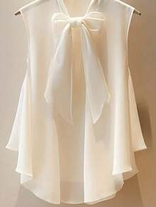 Plus Size Women's Solid Color Casual Sleeveless Top With Bowknot Collar, Front Short Back Long Design, Elegant & Fashionable For Summer - Apricot - View 3