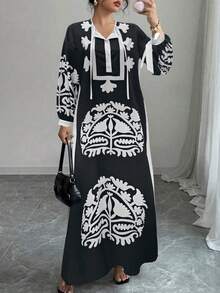 New Vintage Floral Print Dress For Women, With Tie, Button, Side Slit Design, Suitable For Spring/Summer, Vacation/Wedding Guest Wear - Black - View 2