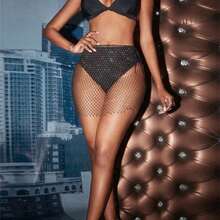 FestivalQueen Women's Rhinestone Mesh Hollow Out Mini Skirt Glitter Crystal Fishnet Grid Cover Up See Through Solid Empire Adjus - màu đen - Xem 2