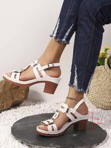 Sandali con tacco spesso intrecciati in stile retrò da donna, sandali con chiusura a fibbia e design traforato, sandali casual da giorno, da vacanza o da ufficio con tacco spesso adatti per l'estate