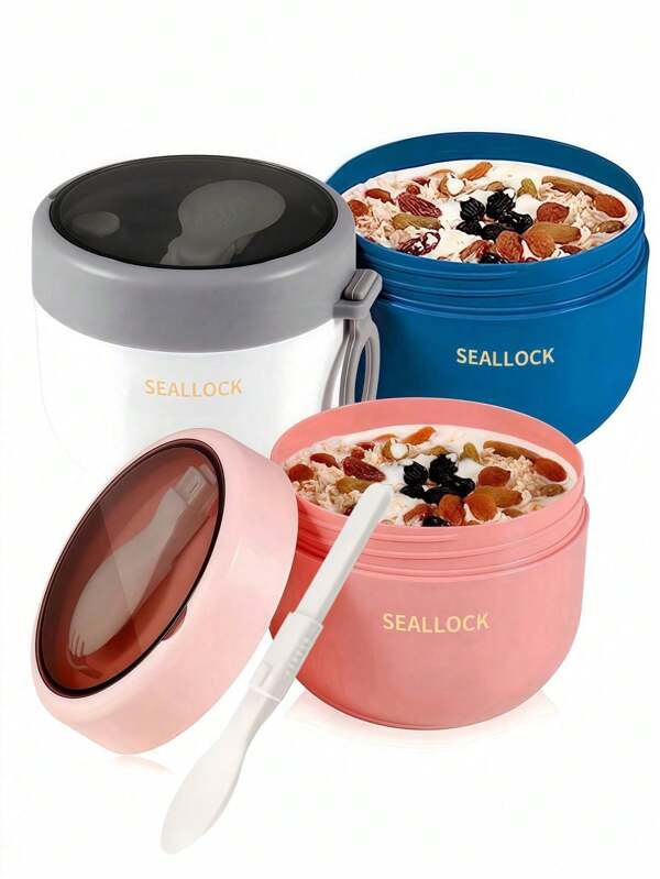 1pc Overnight Oats Container With Lid, Portable Breakfast Cup & Soup Bowl, 21.12 Oz, Includes Plastic Spoon, Reusable, Durable PP Microwave Friendly, For Overnight Oats Or Oatmeal Breakfast, Suitable For School, Office, Camping (Random Color)