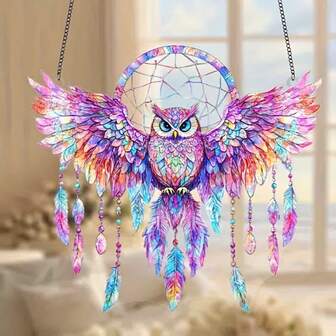 2D Flat Bohemian Style Owl Dream Catcher, Colorful Glass Light Catcher, Multicolor Night Bird Wall Decor, Spiritual Symbol, Unique Bohemian Art, Nature Inspired Home & Office Decoration, Suitable For Indoor And Outdoor Use, Ideal Christmas Gift