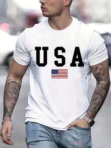 Camiseta con estampado gráfico de EE. UU. para hombres, camiseta casual de manga corta, 1 pieza, 100% algodón pesado - cuello redondo cómodo, camisetas suaves y adorables - Blanco - Ver 2