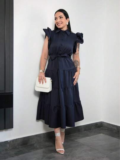 Vestido Feminino Premium Alfaiataria Rafaela Longo Manga Curta com Laço
