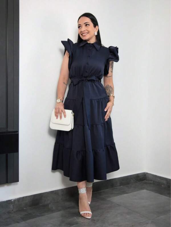 Vestido Feminino Premium Alfaiataria Rafaela Longo Manga Curta com Laço