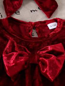 Jumpsuit Bayi Perempuan Warna Burgundy Beludru untuk Musim Gugur/Dingin, Jumpsuit Lengan Panjang Berkerut dengan Hiasan Pita + Bando Pita Polos - Burgundy - View 5