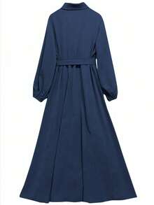 Women's Solid Color Lantern Sleeve Button Half Placket Shirt Dress, Spring/Summer Elegant - Blue - View 2