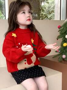 女童可爱休闲卡通饼干人毛衣 - 紅色 - 查看 4