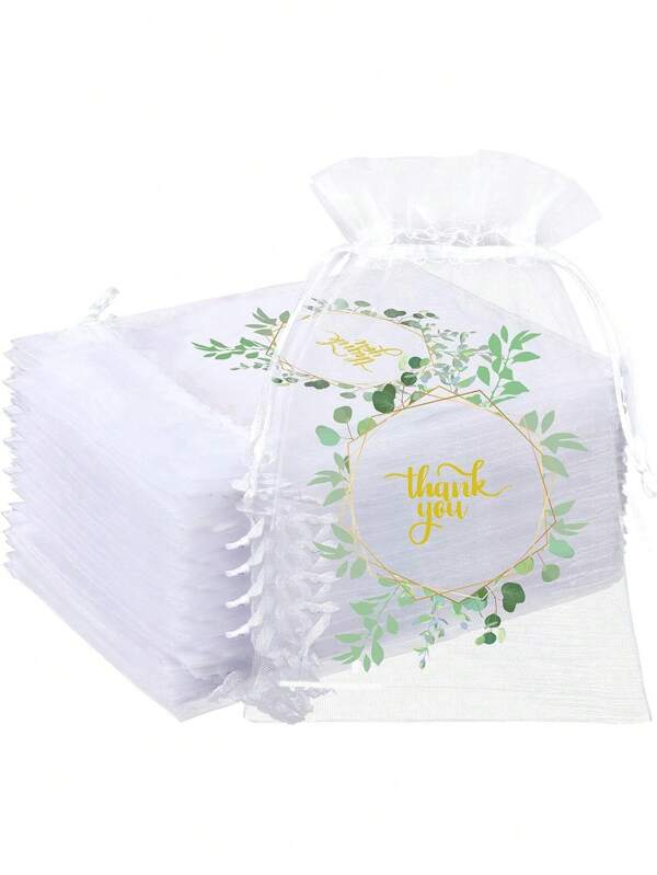 10 piezas/20 piezas Bolsas de organza, Bolsas de organza con cordón "Gracias", Bolsas de regalo "Gracias", Bolsas de organza transparente, Impresas con hojas verdes, Bolsitas para joyas, Mini bolsas para favores de boda, Adecuadas para empaquetar joyas y maquillaje