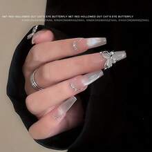 10pcs Internet Celebrity Crystal Cat's Eye Butterfly Nail Art Patches, Silver Powder Three-Dimensional Hollow Alloy Diamond Decoration Nail Art DIY Decorative Accessories Suitable For Home Use And Nail Salons, DIY Nail Art Supplies For Women And Girls, Holiday Party Gifts - 白色 - 查看 7