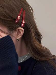 4个装女士可爱红色苹果卡通发夹，女孩一体式刘海侧夹，鸭嘴发夹，日常简约发饰，发卡，爪夹，发爪，发夹，发卡，鳄鱼夹，新年魅力，头部饰品 - 彩色 - 查看 2